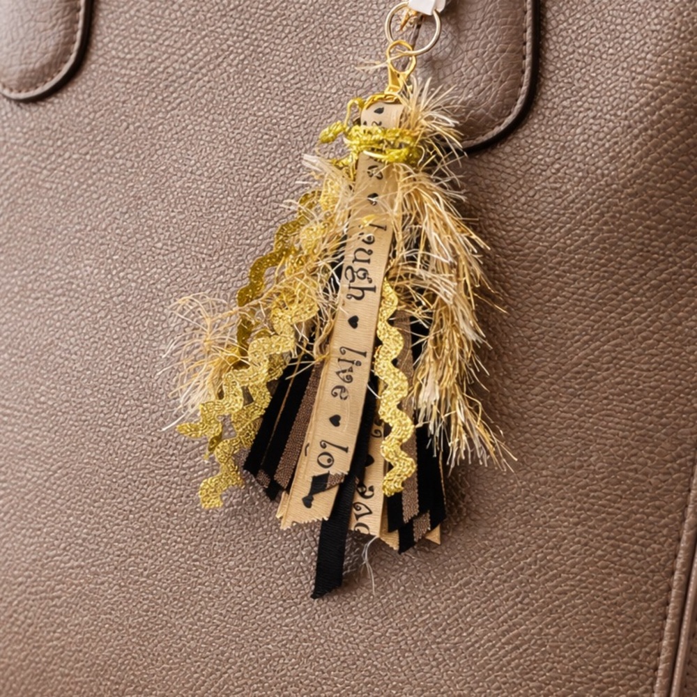 Gold Ribbon Bag Tassel charm, boho Hippie charm, Clip on Bag, backpack